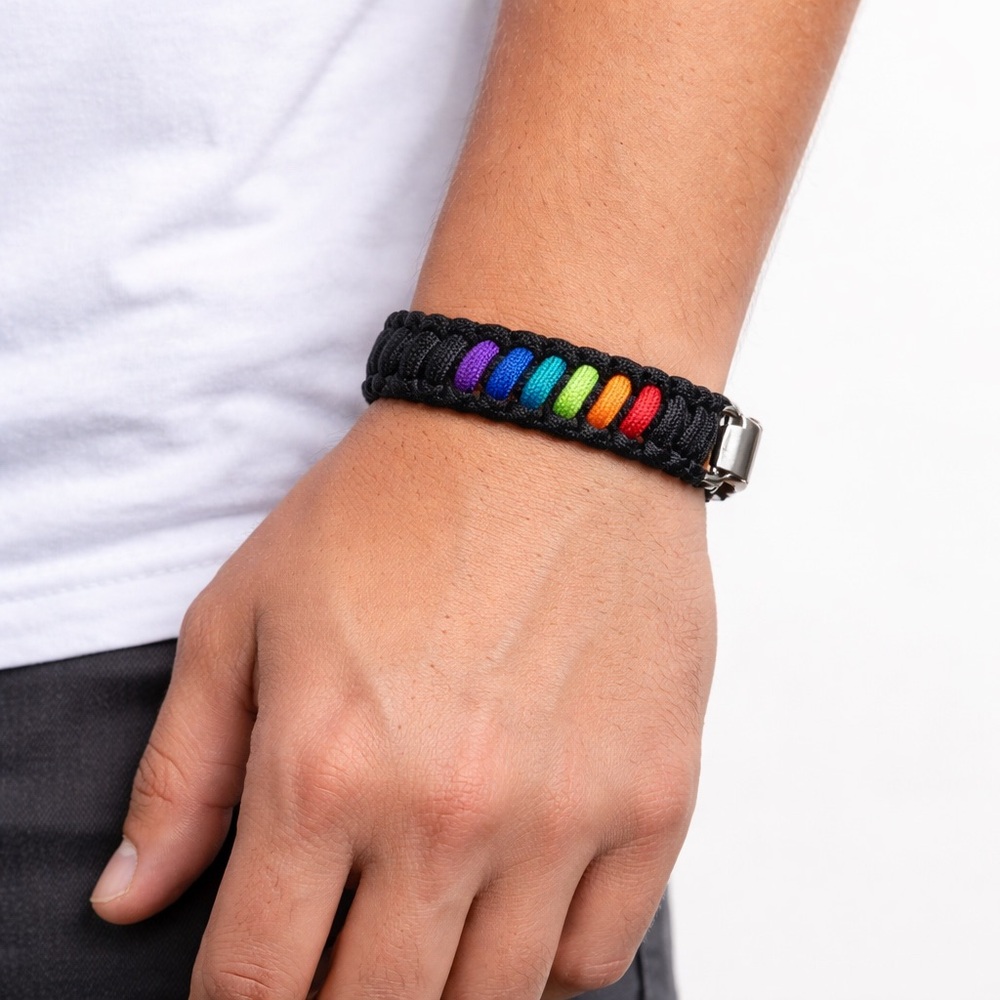 Handmade Black Rainbow Paracord Bracelet Pride Woven 8”